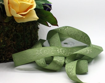 Leaf Green Embroidered Satin Ribbon 7/8” wide BY THE YARD