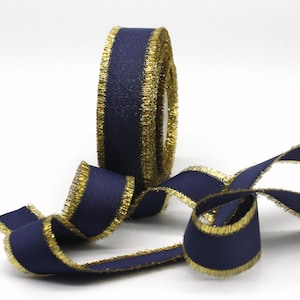 Navy/Gold Fringed Ribbon 1” wide ribbon by the yard