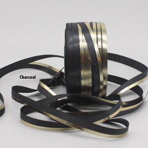 Charcoal Gray/Gold Satin Ribbon 3/8” wide by the yard, Single Faced Satin