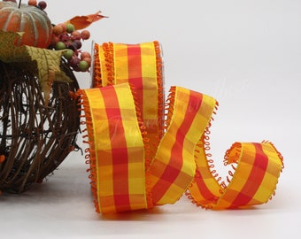 Wired Orange/Yellow Plaid Ribbon 1.5” wide BY THE YARD