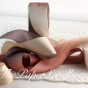 Champagne/Gray Tie Dyed Silk Ribbon 1.25&quot; wide BY THE YARD, Hand Dyed Silk