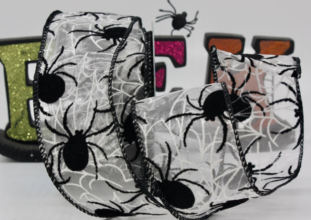 Spider Ribbon Wired Halloween Ribbon Large Flocked Spider Web Ribbon 2.5