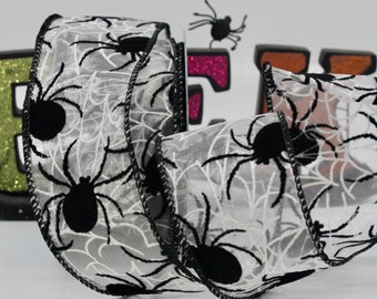 Wired Halloween Ribbon Large Flocked Spider Web Ribbon 2.5" wide