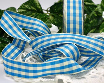 French Blue Gingham Ribbon: Ivory Check, 7/8" Wide