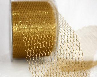 Gold Mesh Ribbon, 3" Wide, Net Fabric BY THE YARD