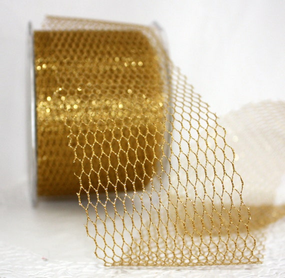 Gold Net Ribbon 3” wide BY THE YARD, Gold Mesh Ribbon