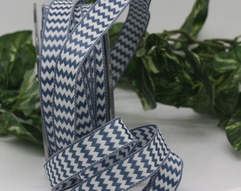 Wired Blue White Chevron Stripe Ribbon 5/8" wide BY THE YARD