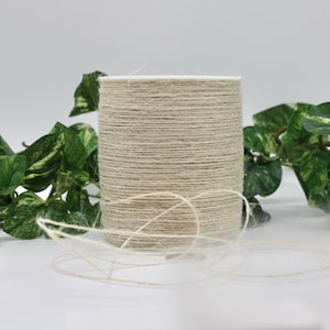 May include: A spool of natural-colored twine, tightly wound, with loose strands extending outward. The twine is a light tan color, and the spool has a white top. Green leafy plants are in the background.