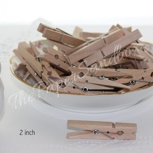May include: A collection of wooden clothespins, each approximately 2 inches long, are displayed in a white bowl with a gold rim. A single clothespin rests in front. A white ceramic bird figurine is to the left.