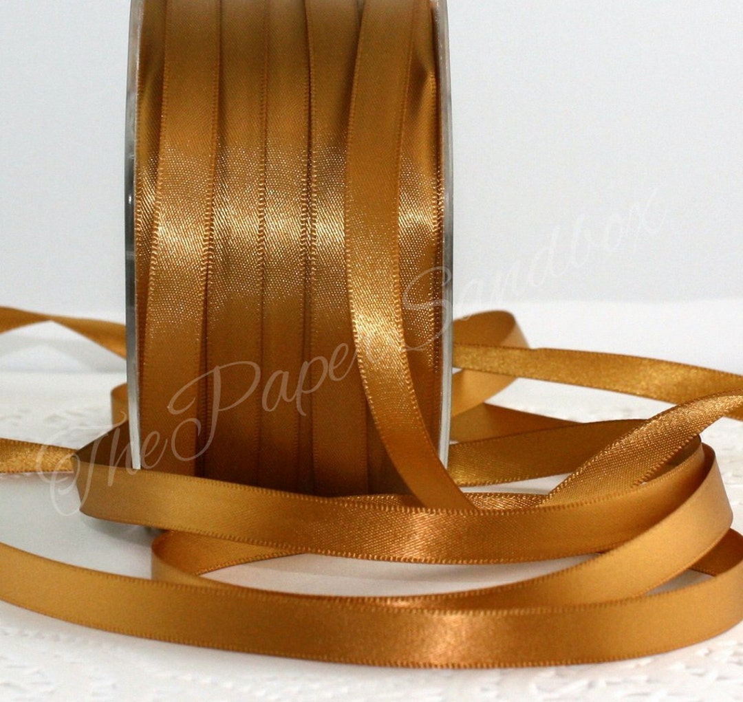 Antique Gold Satin Ribbon 3/8 Wide BY THE YARD, Double Faced Swiss Satin 