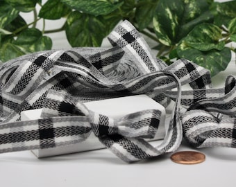 Black White Woven Tartan Plaid Ribbon 5/8" wide BY THE YARD