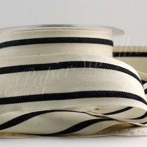 Black/Ivory Cotton Twill Striped Ribbon 1.5" wide BY THE YARD, Black and White