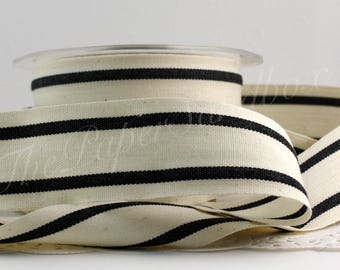 Black/Ivory Cotton Twill Striped Ribbon 1.5" wide BY THE YARD, Black and White