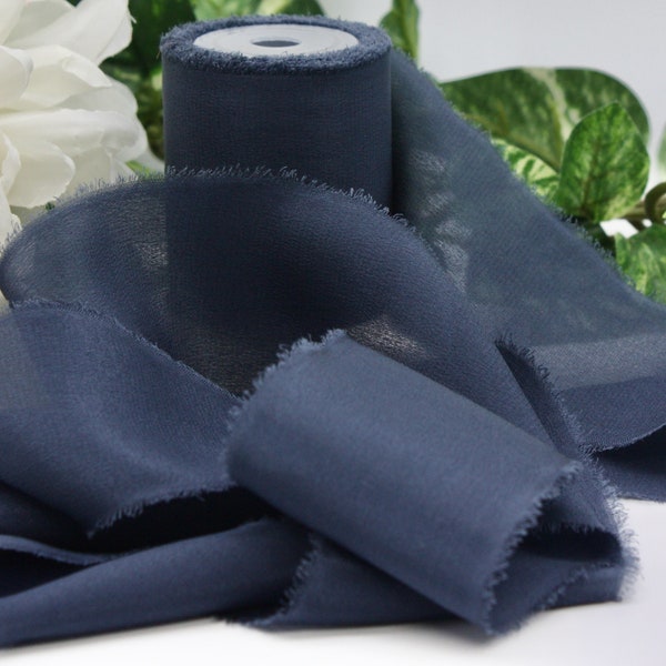 Frayed Navy Blue Silk Ribbon 1.25" - 2" wide BY THE YARD, Pantone Maritime Blue