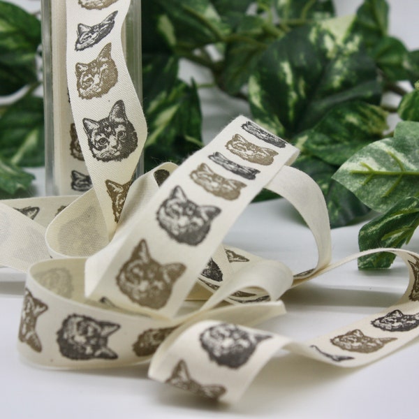 Cat Patterned Cotton Ribbon 3/4" wide BY THE YARD