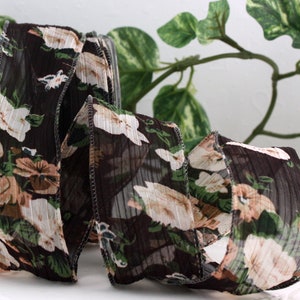 Wired Black Rose Floral Pattern Ribbon 1.5” wide BY THE YARD