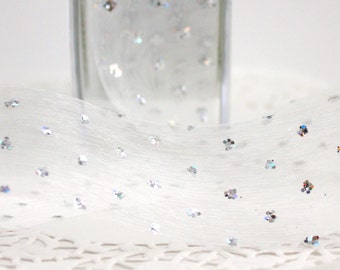 Sheer Silver and White Glitter Ribbon 1.5” wide BY THE YARD