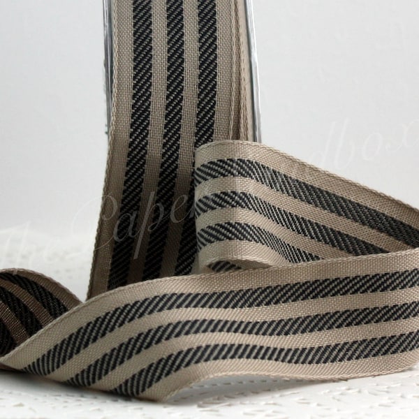 Black/Taupe Ticking Stripe Ribbon 1.25” wide by the yard