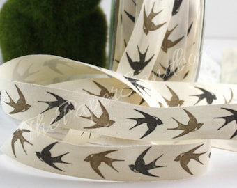 Bird Patterned Ribbon 3/4” wide by the yard, Cotton Ribbon