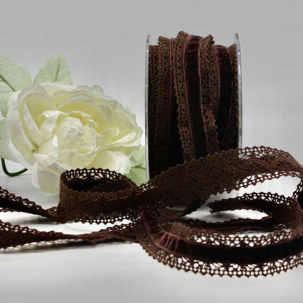 Brown Velvet & Crochet Lace Ribbon 1" wide by the yard