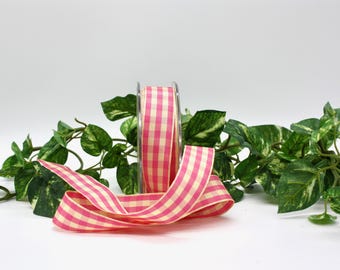 Pink/Ivory Gingham Check Ribbon 7/8” wide BY THE YARD