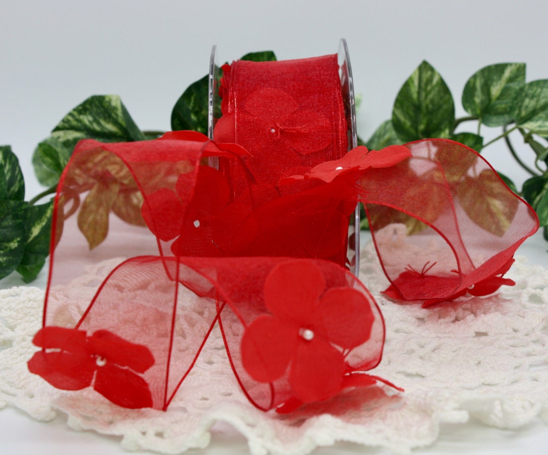 Red Wired Flower Ribbon 1.5
