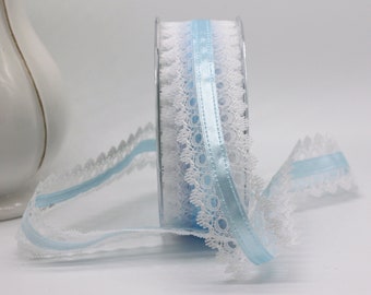 Blue Satin & White Lace Ribbon 1.5” wide by the yard