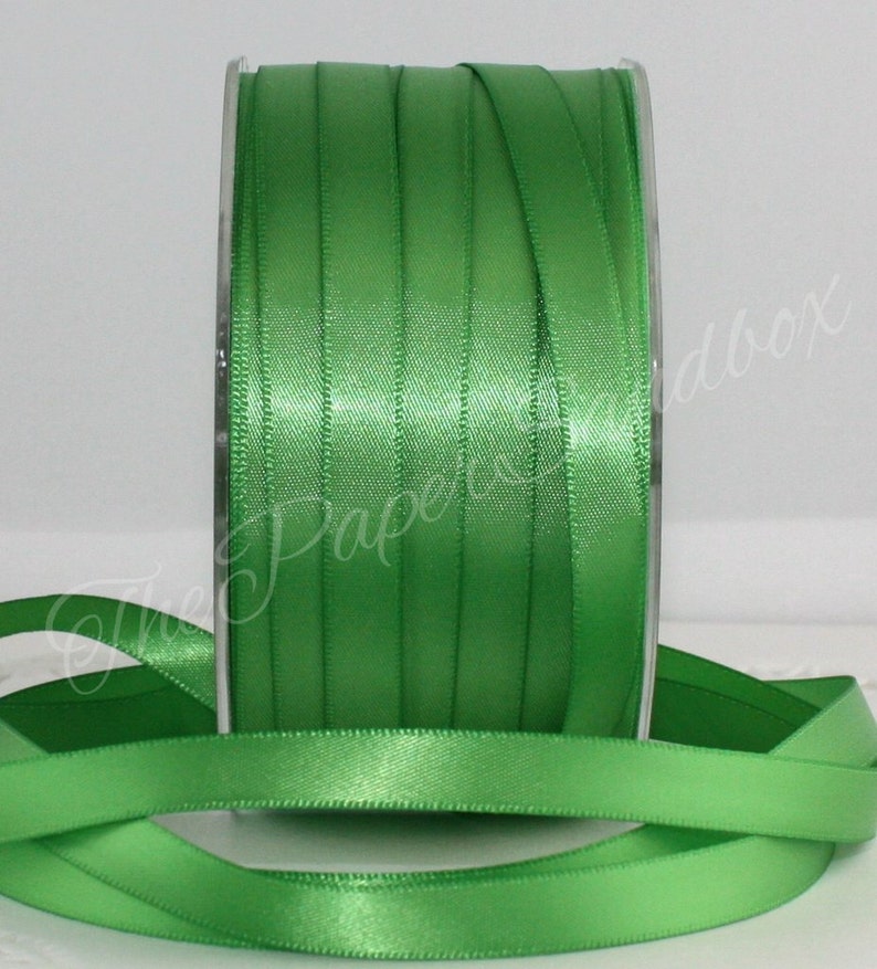 Leaf Green Satin Ribbon 3/8 wide by the yard, Pantone Greenery, Double Faced Swiss Satin image 1