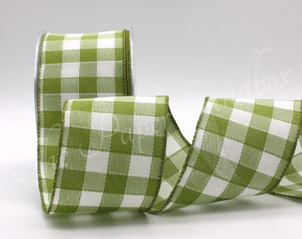 Wired Green White Buffalo Plaid Ribbon 2.5 inches wide BY THE YARD