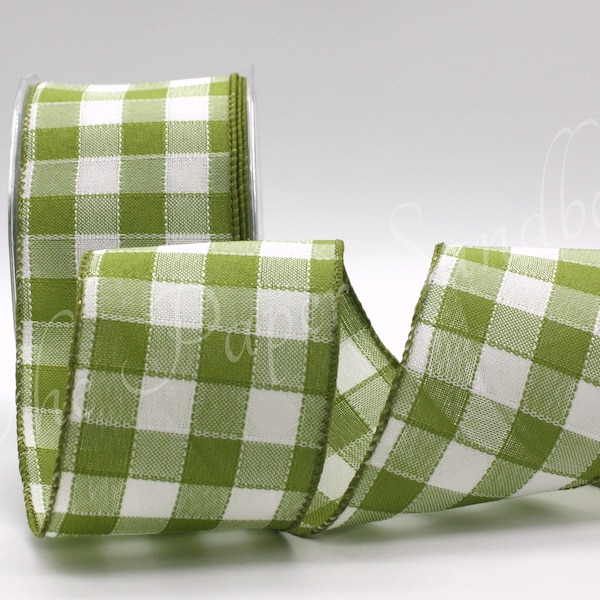 Wired Green White Buffalo Plaid Ribbon 2.5 inches wide BY THE YARD