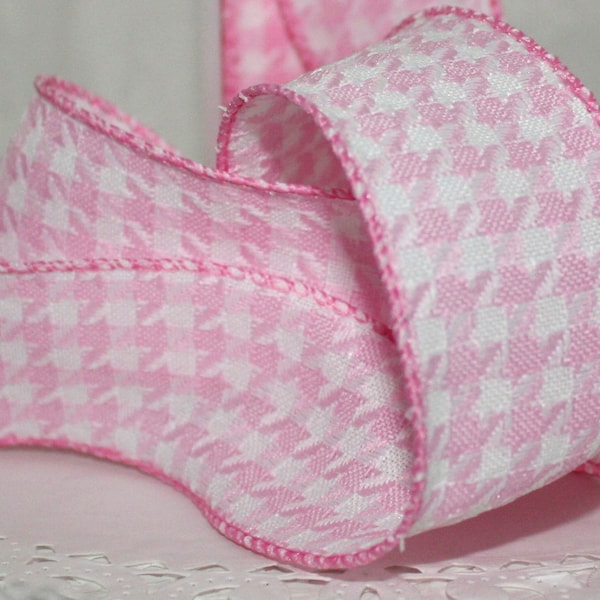 Wired Pink Houndstooth Ribbon 1.5” wide BY THE YARD