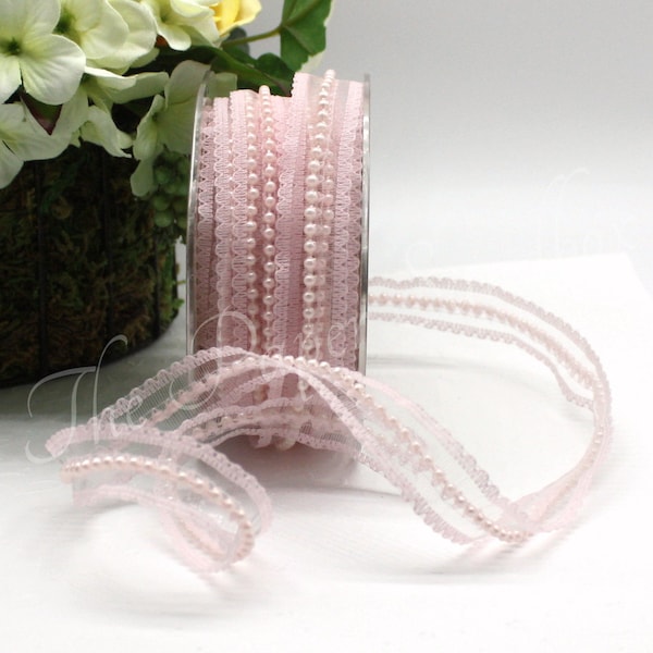 Pink Lace with Pearls Ribbon 5/8” wide BY THE YARD