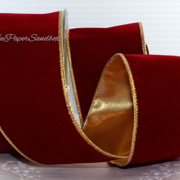 Wired Dark Red/Gold Velvet Ribbon 2.5" wide BY THE YARD