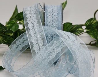 Wired Blue Floral Ribbon 1" wide BY THE YARD