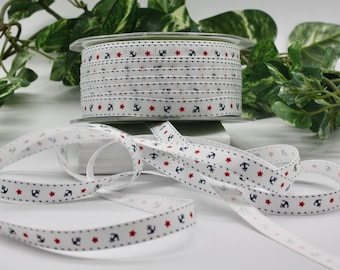 Anchor Ribbon 3/8” wide BY THE YARD Red White and Blue Nautical Ribbon