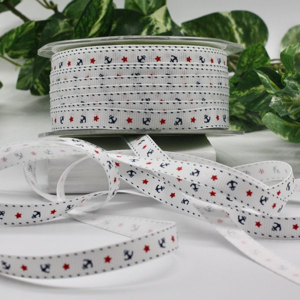 Anchor Ribbon 3/8” wide BY THE YARD Red White and Blue Nautical Ribbon