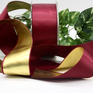 Burgundy/Gold Satin Ribbon 1.5” wide BY THE YARD Double Faced Satin
