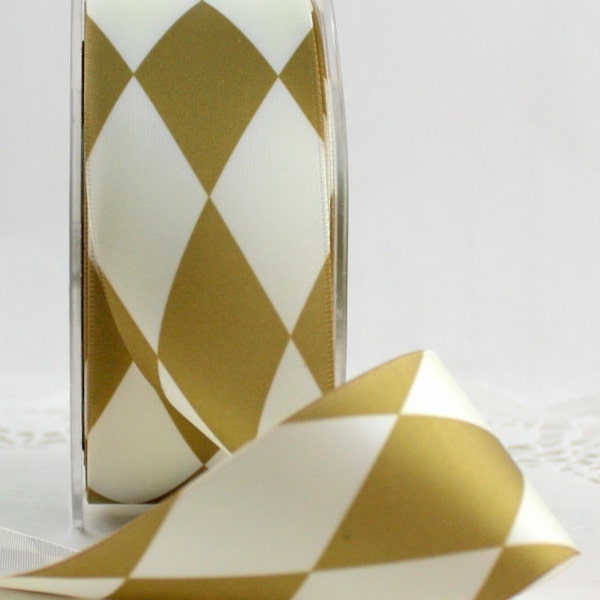 Gold/Ivory Diamond Pattern Ribbon 1.5” wide, Ivory/Gold Harlequin Ribbon