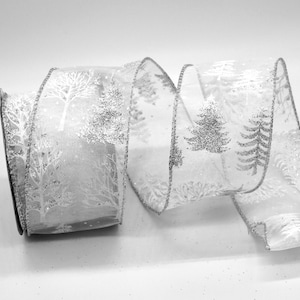Wired Sheer Silver Glitter Tree Ribbon 2.5&quot; wide BY THE YARD