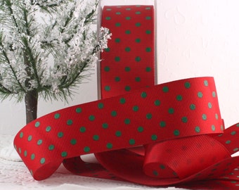 Red and Green Polka Dot Ribbon 1.5” wide BY THE YARD, Christmas Ribbon