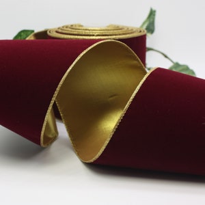 Wired Burgundy/Gold Velvet Ribbon 4&quot; wide BY THE YARD