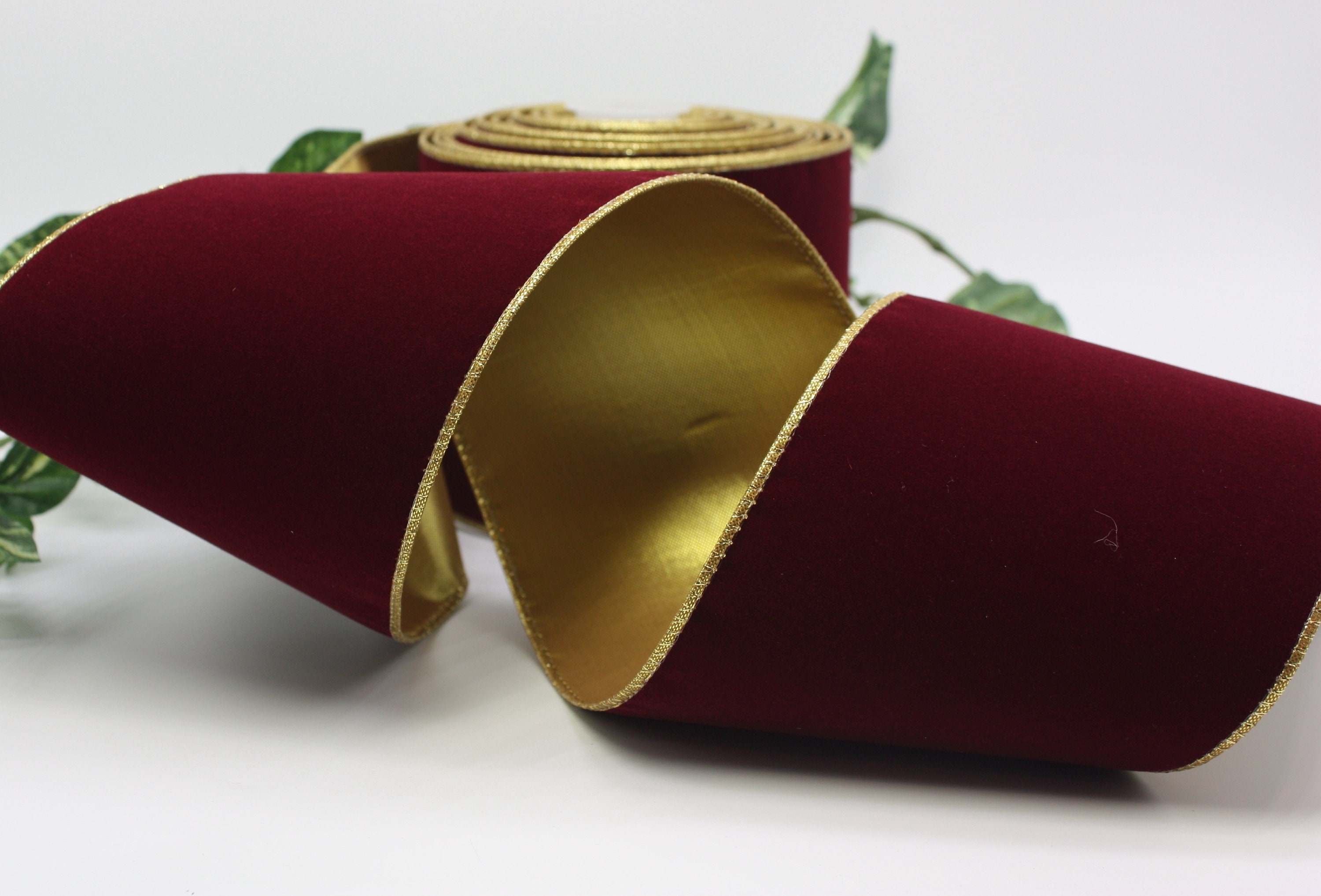Premium Ribbon Dark or Brick Red Velvet Flocked Christmas Ribbon with Gold  Backing 2 1/2 - 25 Yards 