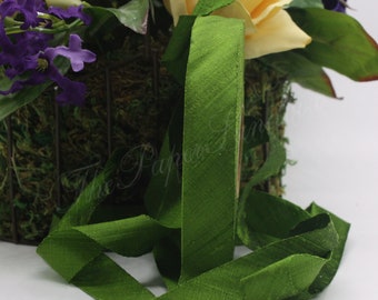 Olive Green Dupioni Silk Ribbon 3/4" wide by the yard, Pantone Peridot