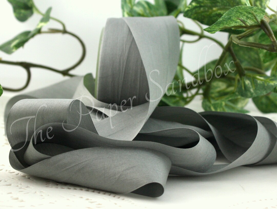 Medium Gray Silk Ribbon 1.25 Wide by the Yard, Pantone Gargoyle, Hand