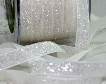 White Glitter Ribbon 3/8” wide by the yard, Sparkle Ribbon