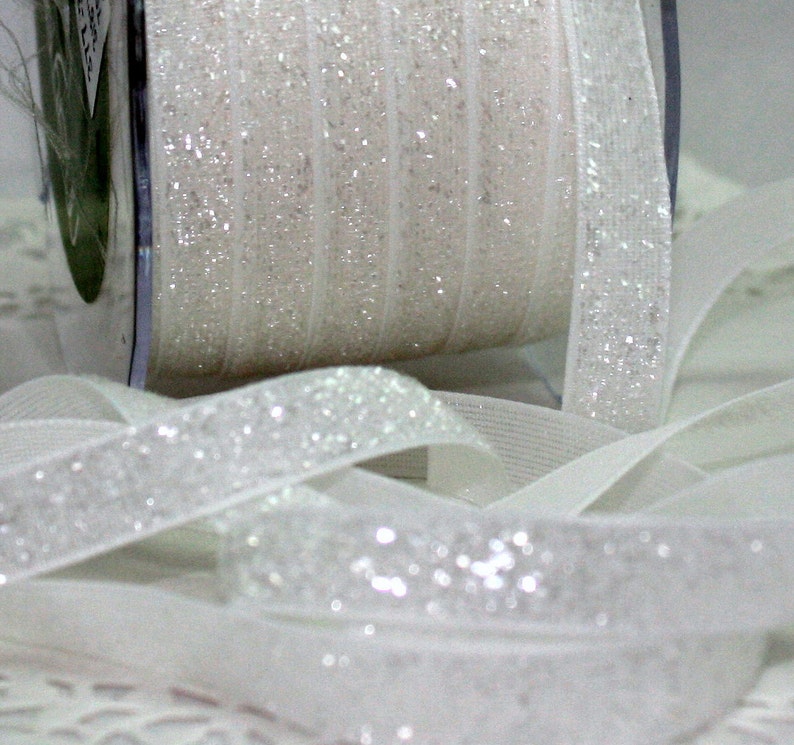 White Glitter Ribbon 3/8 wide by the yard, Sparkle Ribbon image 1