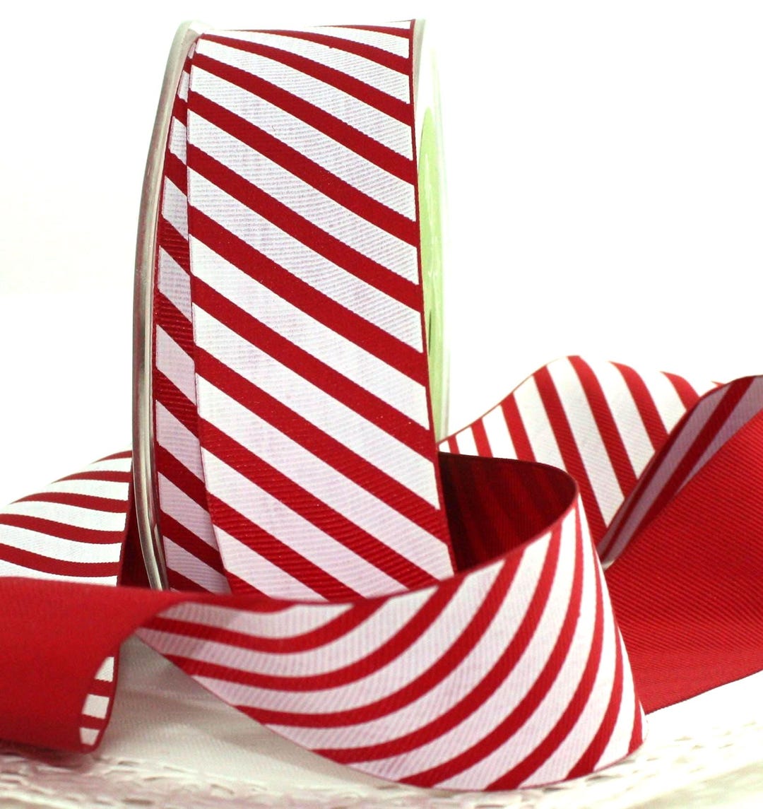 White Red Ruffle Ribbon Red and White Stripe Ribbon, Candy Cane Christmas Ribbon, 1.5