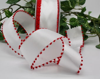 Wired White/Red Pom Pom Trim Ribbon 1.5" wide by the yard