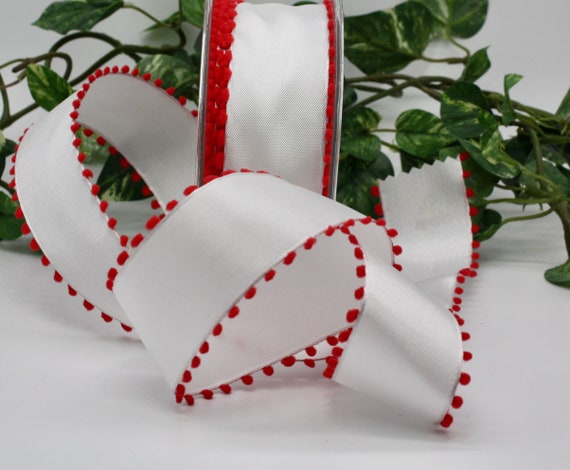 Wired White/Red Pom Pom Trim Ribbon 1.5 wide by the yard