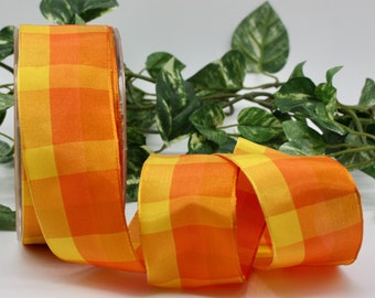 Wired Orange/Yellow Check Ribbon 1.5" wide BY THE YARD